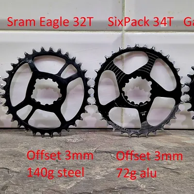Зірочки для шатунів Sram 3-bolt: Pass Quest 30T + Sram Eagle 32T + Sixpack Racing 34T + Garbaruk 34T